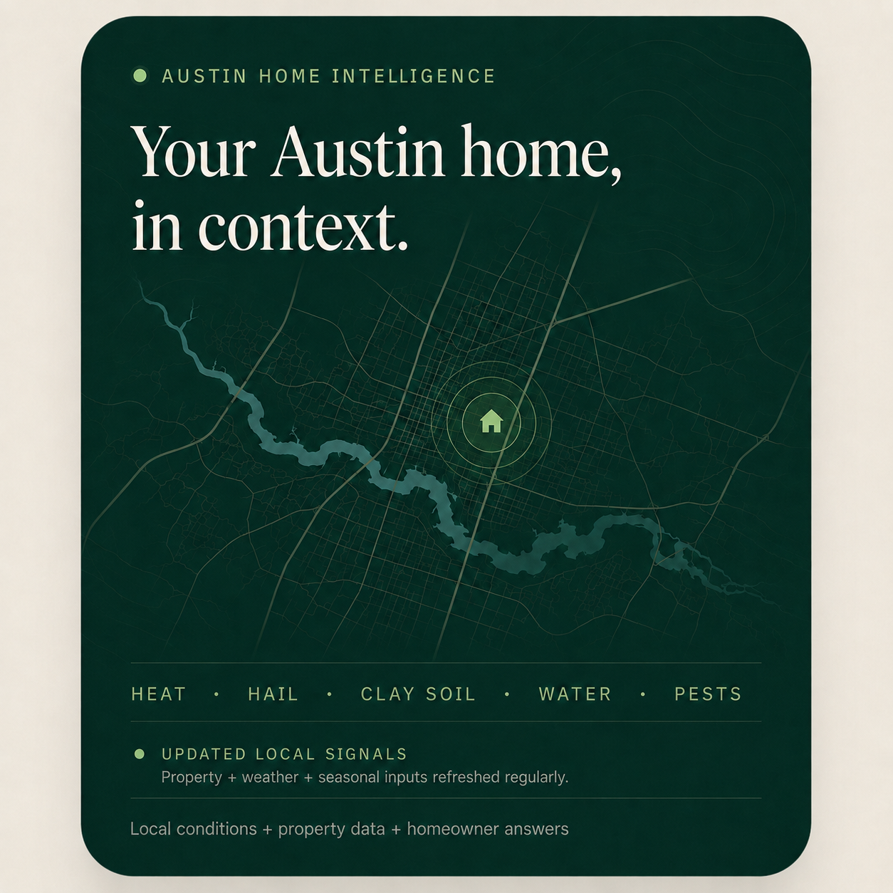 Austin Home Intelligence hero card showing Austin-specific property signals and homeowner context.
